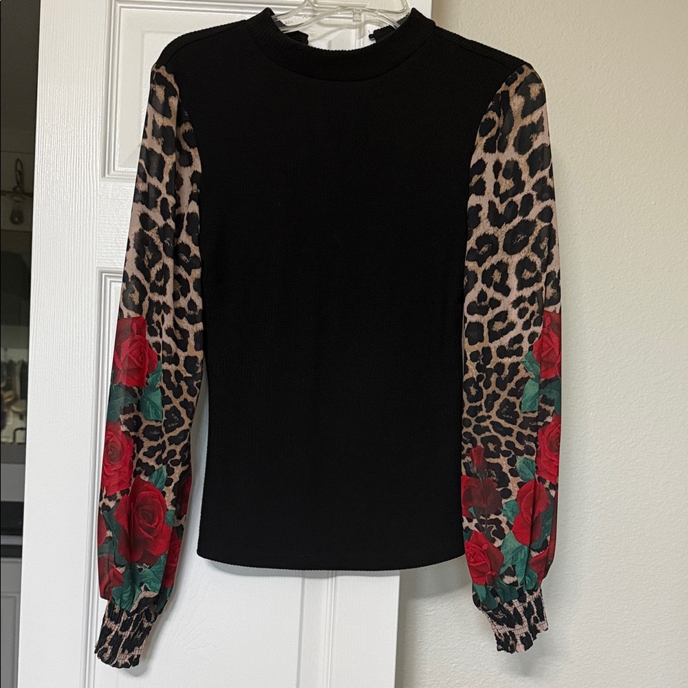 Black Leopard and Rose Print Women's Top